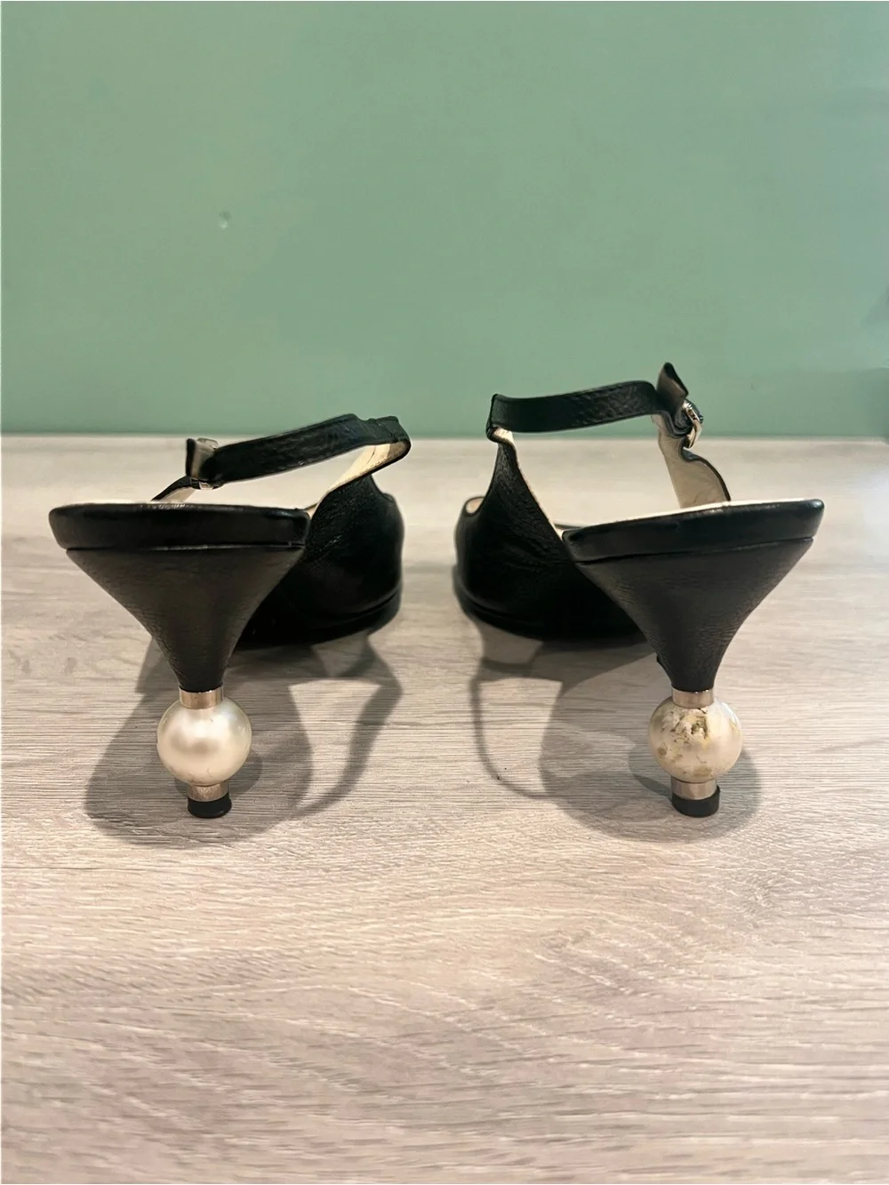 CHANEL Black Open Toe Slingback Pearl Heel